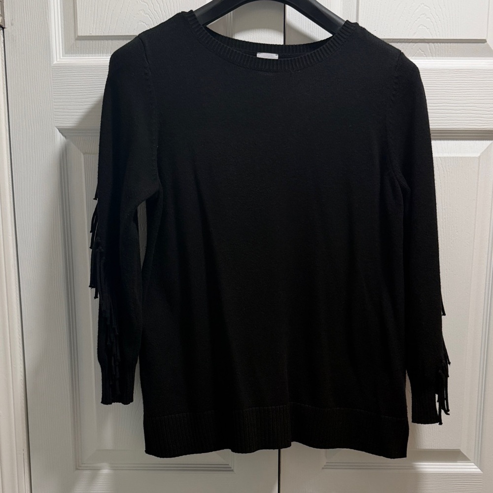 Chico's Elegant Black Sweater with Fringe Sleeves